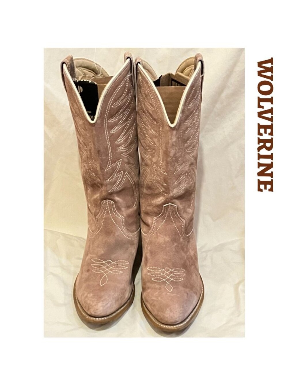 Rare Vintage Womens Wolverine Cowboy Boots, beige tan suede, size 9M